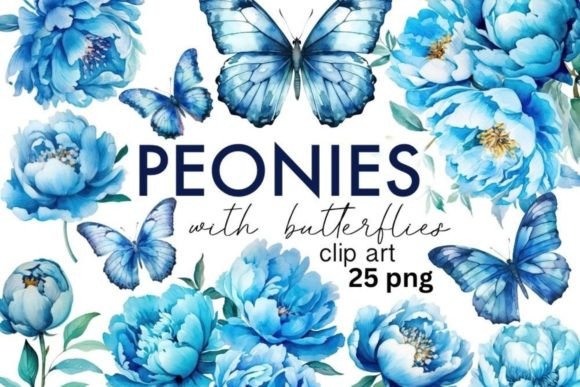 Download Watercolor Blue Peony and Butterfly PNG - Peony Collection